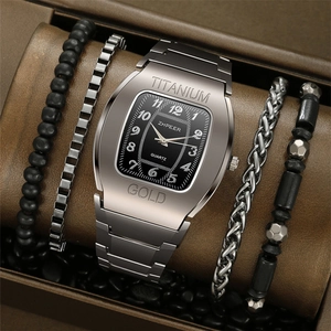 Men's silver tonneau quartz watch gift set with four black and silver beaded bracelets