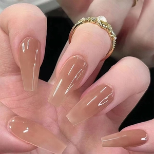 Long Coffin Press On Nails Ombre Gradient Glossy Nude Brown Elegant Fake Nails For Women