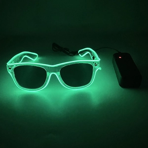 Detail of neon green EL wire glowing glasses with battery pack for party events