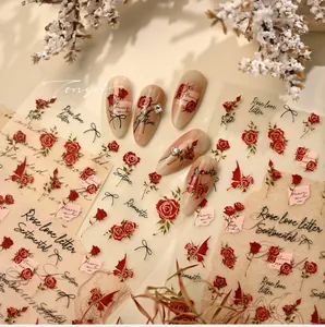 Detail of French rose nail stickers featuring retro love letter designs and floral patterns