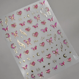Japanese embossed nail stickers featuring pink butterflies and golden stars to-2626