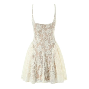 Elegant sleeveless cream lace mini dress with floral embroidery and open back