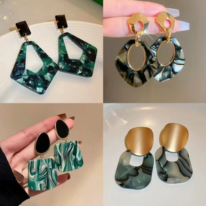 Vintage acrylic geometric earrings in leopard and emerald colors with gold accents