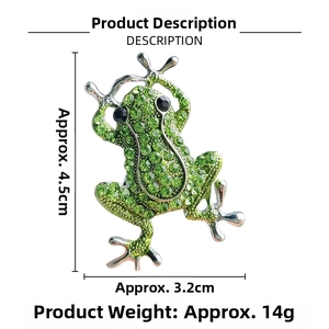 Detailed view of a green rhinestone frog brooch with dimensions 4.5cm by 3.2cm