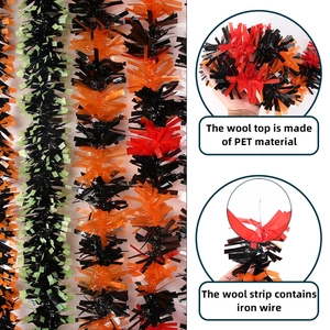2M Halloween tinsel garland with PET orange black green fringe and iron wire core