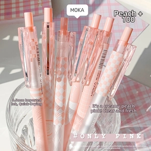 Detail of pink aesthetic retractable gel pens with peach patterns in a glass holder