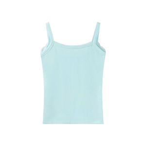 Detailed view of light blue ribbed modal camisole with delicate lace trim edges