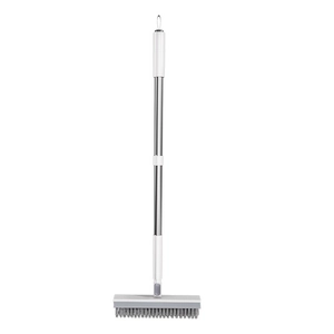 Long-handle bathroom floor cleaning brush with stainless steel pole and stiff grey bristles