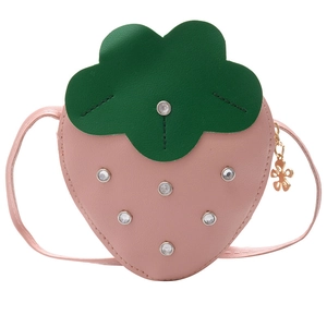 Pink strawberry shaped crossbody bag for girls with rhinestones and floral charm