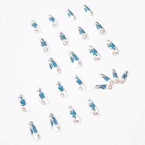 Faux ongles ballerine longs blancs avec graffiti bleu et motif biscuit de fortune