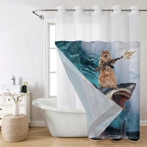 Detail of waterproof shower curtain with funny cat, shark, and wave meme print