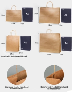 Size guide for daisy kraft gift bags with four dimensions compared to A4 paper and handle details