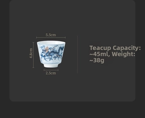 Detailed dimensions of blue and white dragon porcelain teacup with 45ml capacity
