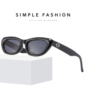 Detail of retro cat-eye sunglasses featuring silver star logo on black glossy frames