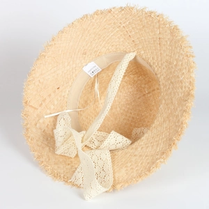 Women's raffia straw sun hat with wide brim and elegant ivory lace bow ribbon detail