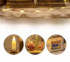 Detail shots of festive crystal candle lamp showing internal scene and battery base