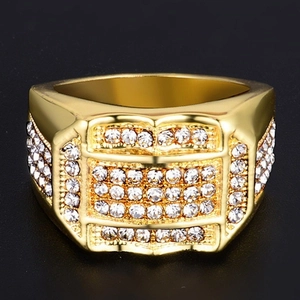 Men's hip hop gold-plated ring with shimmering white zircons and square setting