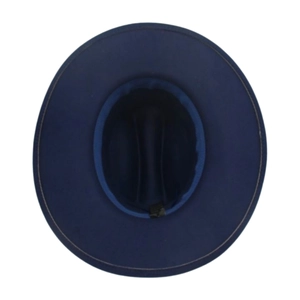 Top view of a dark blue wide-brim fedora hat showing symmetrical round crown and black sweatband