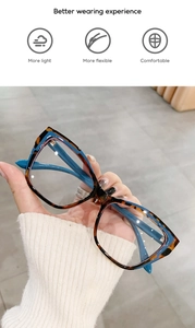 Detail of tortoise and blue cat-eye frames showing flexible and lightweight construction