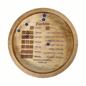 Classic wooden round Farkle dice tray with engraved scoring rules and blue dice set