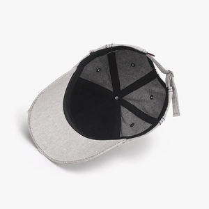 Internal view of grey striped baseball cap with six-panel structure and adjustable strap