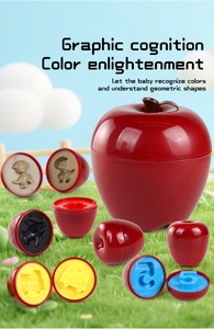 Apple-shaped sorting toy showing various colorful dinosaur and rocket matching eggs