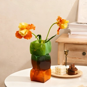Modern geometric stacked resin vase with translucent gradient for home decor