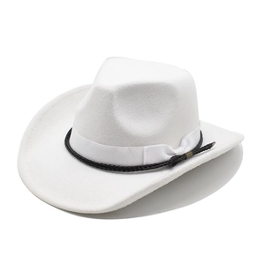 Close-up of white wool western cowboy hat with dual ribbon and braided rope detail