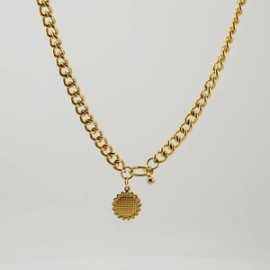 18K gold plated stainless steel Cuban chain necklace with sun pendant and OT toggle clasp
