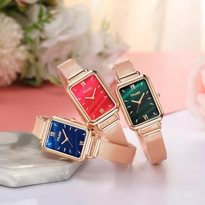 Elegant rectangular women's mesh watch set in rose gold with multi-color dials