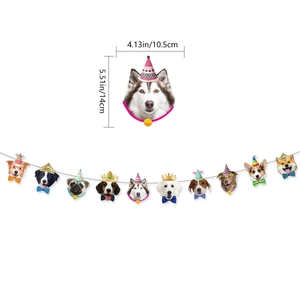 Cat and dog pet birthday party banner with cute animal faces and party hat decorations