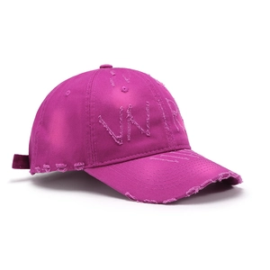 Distressed red cotton baseball cap with VNR embroidery and vintage washed details