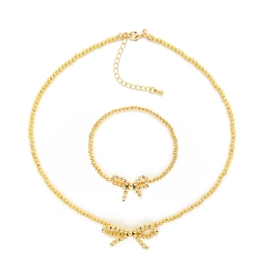 Elegante set collana e bracciale di perline placcati oro 18K con ciondoli a fiocco
