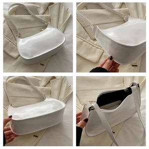 Multiple views showing white crescent shoulder bag details and golden hardware accents