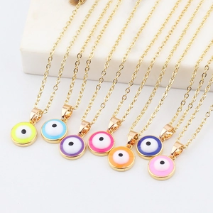 Detailed collection of colorful enamel evil eye pendants on gold-plated chains
