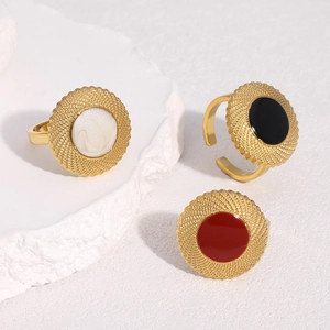 Vintage French Stainless Steel Open Ring 18K Gold Plated Round Enamel Geometric Adjustable Jewelry For Women