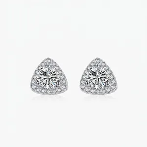Triangle Geometric Stud Earrings Crafted In 925 Sterling Silver Featuring Sparkling Round Cubic Zirconia Halo Design For Women