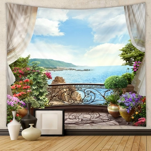 Detail view of Mediterranean seascape wall tapestry with balcony view and vibrant flowers
