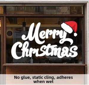 Merry Christmas white electrostatic glass sticker with a red hat detail on shop window