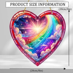 Detailed size chart showing the 20cm by 8in acrylic heart suncatcher ornament