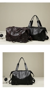 Front and side views of large PU leather travel bags in black and dark brown colors