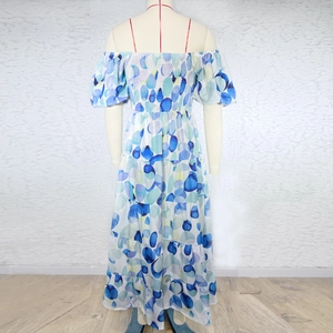 Detail of blue and white abstract print dress with puff sleeves and ruffled hem layers