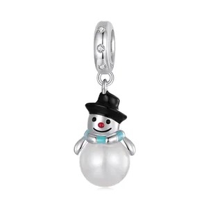 Snowman Charm Bead 925 Sterling Silver Shell Artificial Pearl Zircon Christmas DIY Jewelry Bracelet Pendant For Women