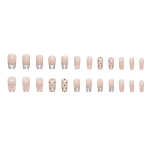 French vintage chrome powder fake nails with 3D ribbon and silver marble patterns