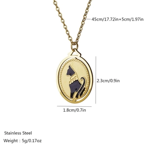 Detailed specs of the gold oval necklace featuring an Egyptian black cat pendant