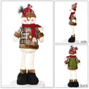 Three-sided view of telescopic Christmas snowman plush with plaid clothes and red scarf