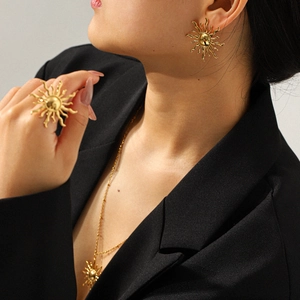 Golden sun pendant necklace, earrings and ring set in 18k gold plated stainless steel