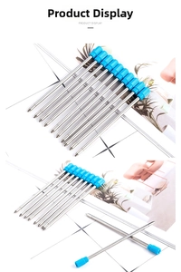 Detailed view of 70mm metal ballpoint pen refills with blue plastic caps on a white surface