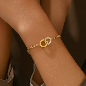 Interlocking Double Circles Bracelet Stainless Steel Pavé Zircon Elegant Jewelry For Women Fashion Commuter Adjustable