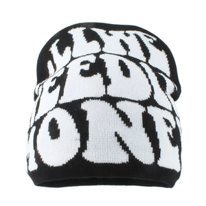 Retro black knit beanie featuring white LLFEE ONE jacquard text pattern on white background